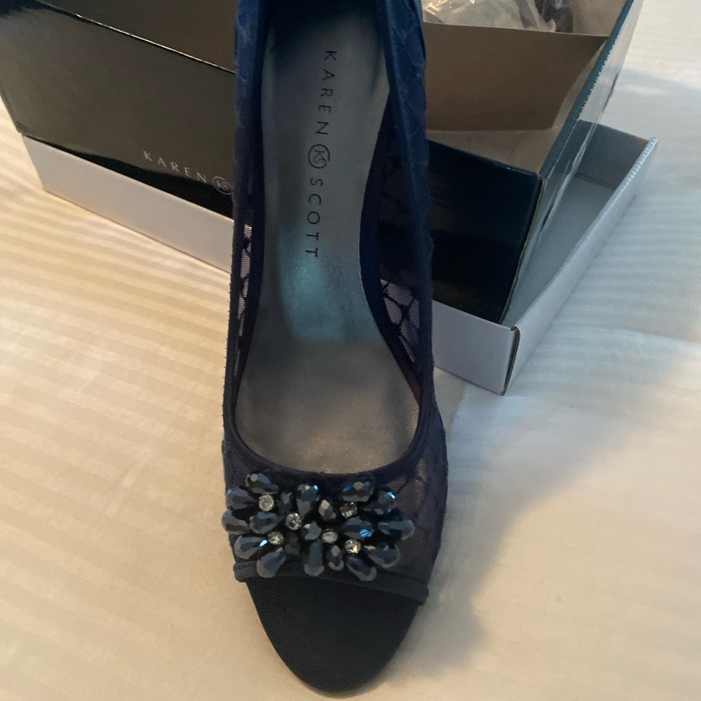Karen Scott Womens Maralyn Open Toe Rhinestone Evening Heels Navy 8 Medium